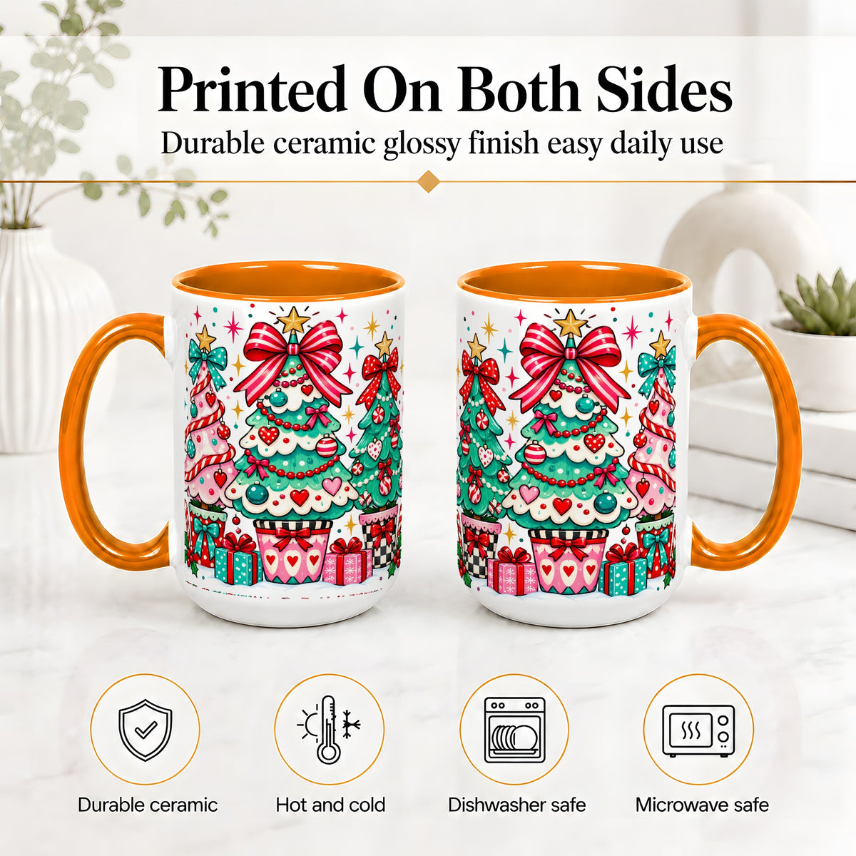 #pl[15oz|Orange] Colorful Christmas Trees Accent Mug, Ceramic Coffee Cup