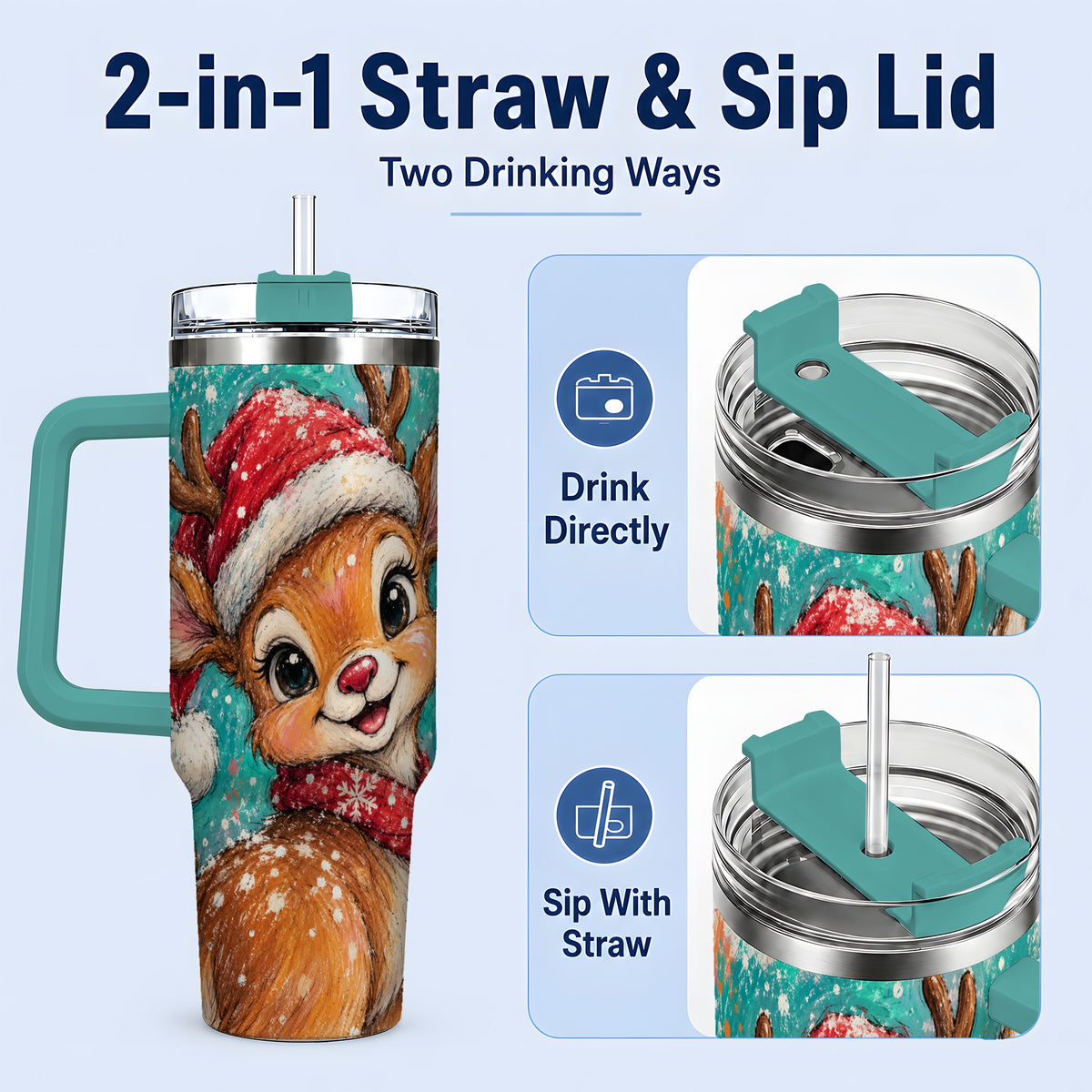 #pl[40oz|Green] Cute Christmas Reindeer 40oz Tumbler, Festive Santa Hat Winter Artwork