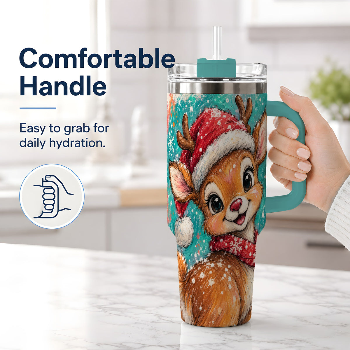 #pl[40oz|Green] Cute Christmas Reindeer 40oz Tumbler, Festive Santa Hat Winter Artwork