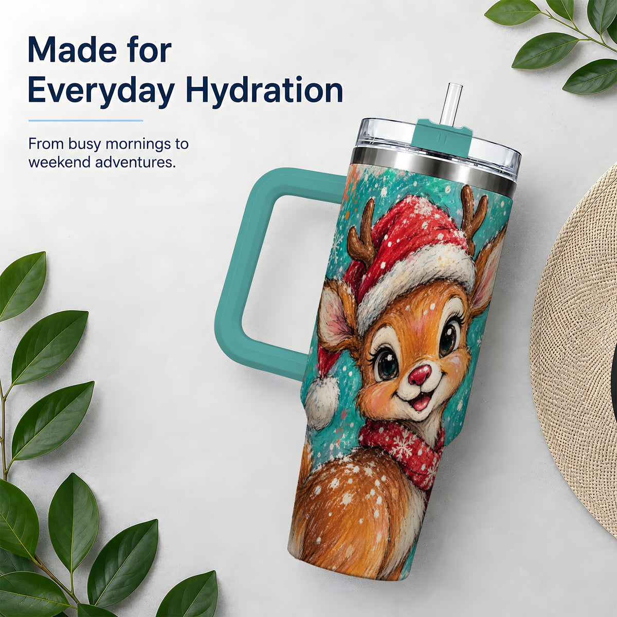 #pl[40oz|Green] Cute Christmas Reindeer 40oz Tumbler, Festive Santa Hat Winter Artwork