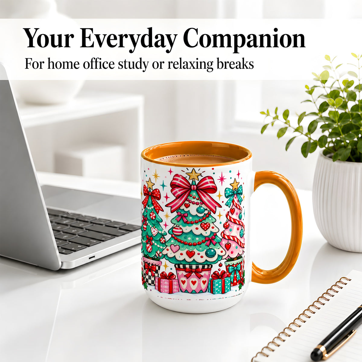 #pl[15oz|Orange] Colorful Christmas Trees Accent Mug, Ceramic Coffee Cup