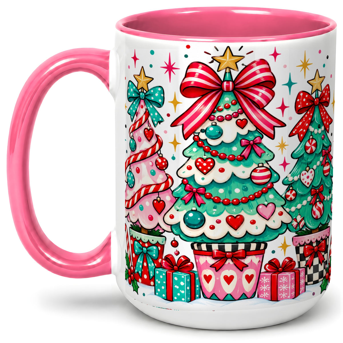 #pl[15oz|Pink] Colorful Christmas Trees Accent Mug, Ceramic Coffee Cup
