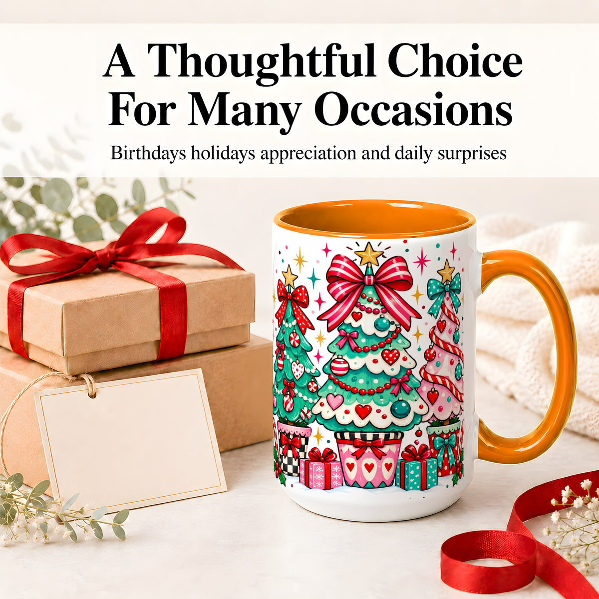 #pl[15oz|Orange] Colorful Christmas Trees Accent Mug, Ceramic Coffee Cup