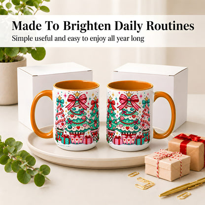 #pl[15oz|Orange] Colorful Christmas Trees Accent Mug, Ceramic Coffee Cup