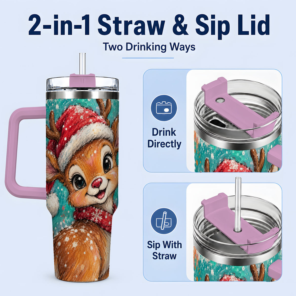 #pl[40oz|Pink] Cute Christmas Reindeer 40oz Tumbler, Festive Santa Hat Winter Artwork