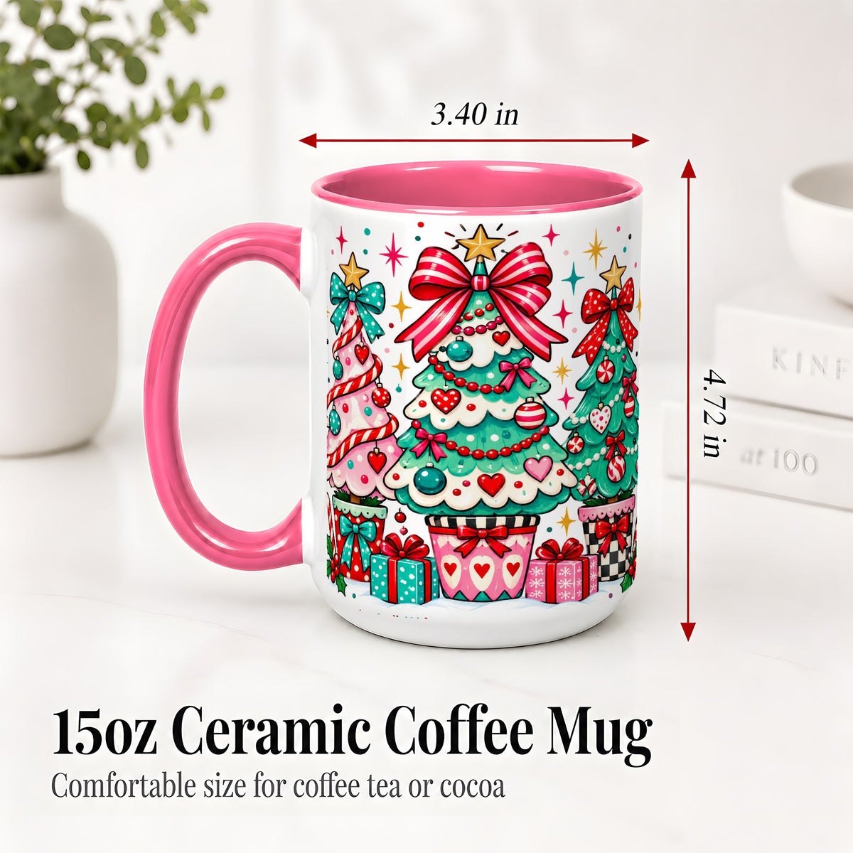#pl[15oz|Pink] Colorful Christmas Trees Accent Mug, Ceramic Coffee Cup