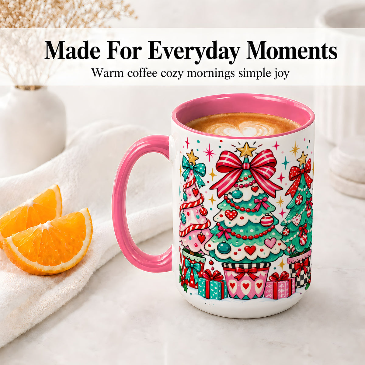 #pl[15oz|Pink] Colorful Christmas Trees Accent Mug, Ceramic Coffee Cup