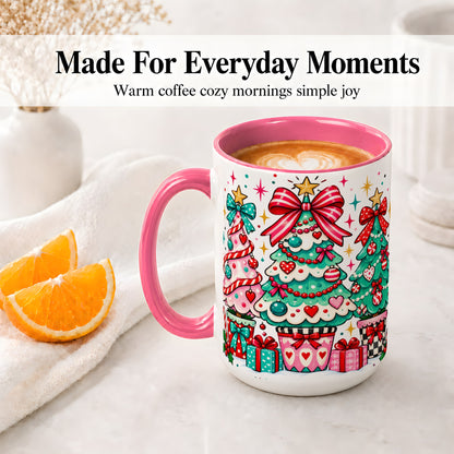 #pl[15oz|Pink] Colorful Christmas Trees Accent Mug, Ceramic Coffee Cup