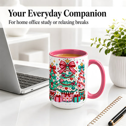 #pl[15oz|Pink] Colorful Christmas Trees Accent Mug, Ceramic Coffee Cup