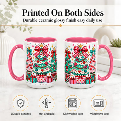 #pl[15oz|Pink] Colorful Christmas Trees Accent Mug, Ceramic Coffee Cup