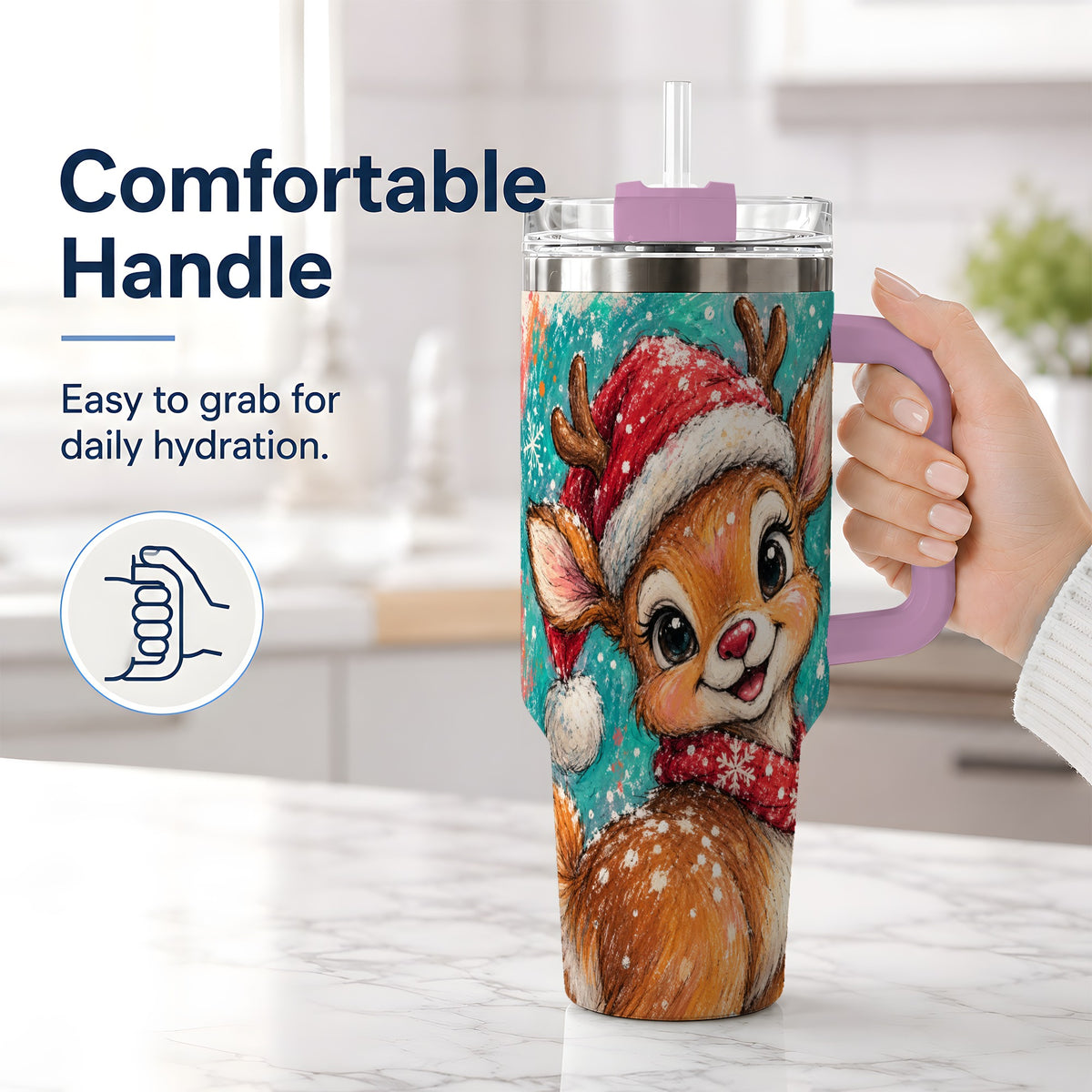 #pl[40oz|Pink] Cute Christmas Reindeer 40oz Tumbler, Festive Santa Hat Winter Artwork