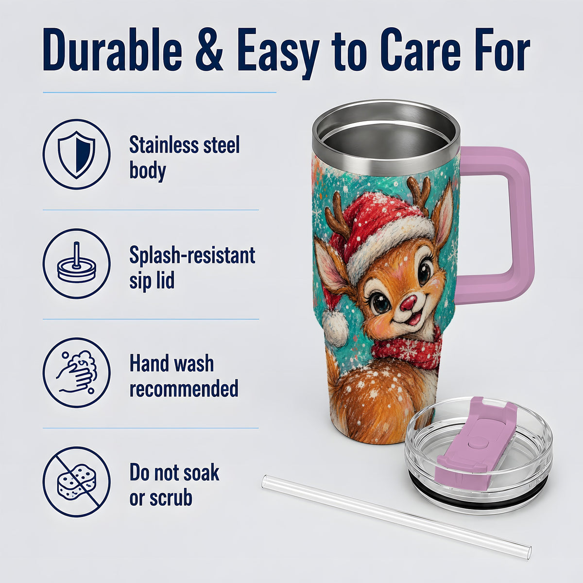 #pl[40oz|Pink] Cute Christmas Reindeer 40oz Tumbler, Festive Santa Hat Winter Artwork