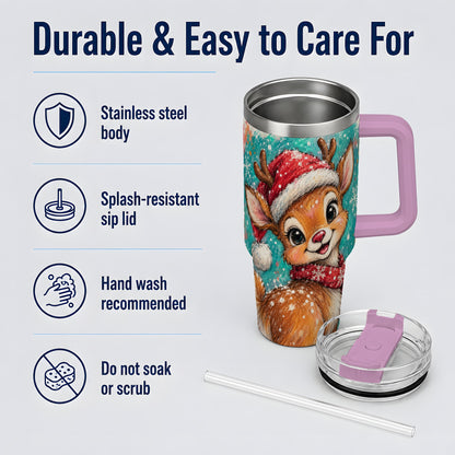 #pl[40oz|Pink] Cute Christmas Reindeer 40oz Tumbler, Festive Santa Hat Winter Artwork
