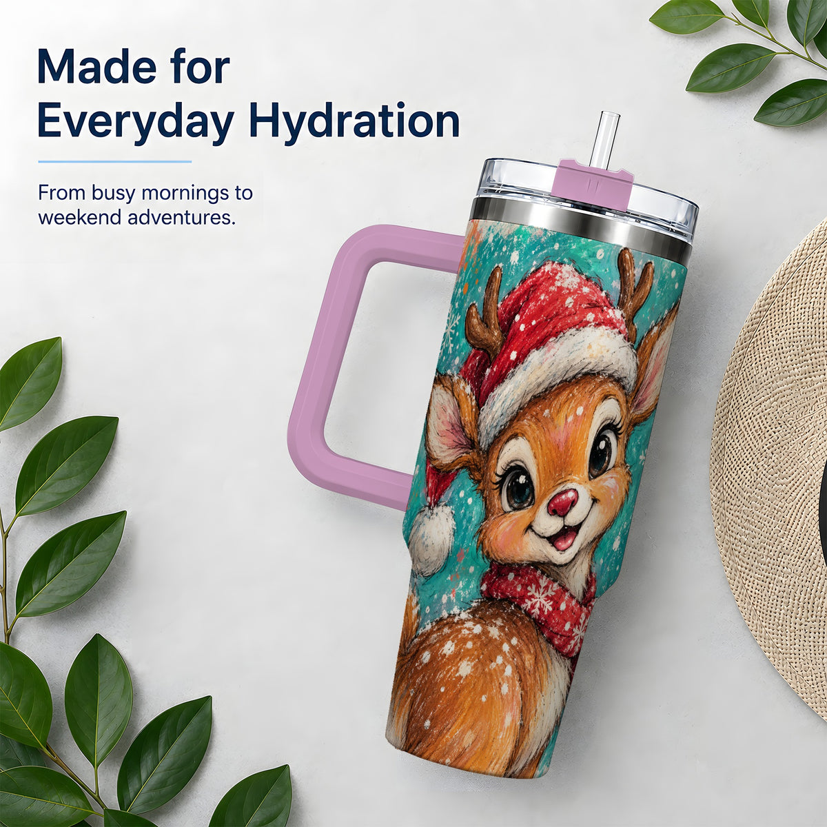 #pl[40oz|Pink] Cute Christmas Reindeer 40oz Tumbler, Festive Santa Hat Winter Artwork
