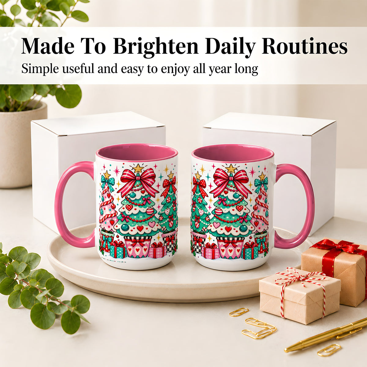 #pl[15oz|Pink] Colorful Christmas Trees Accent Mug, Ceramic Coffee Cup