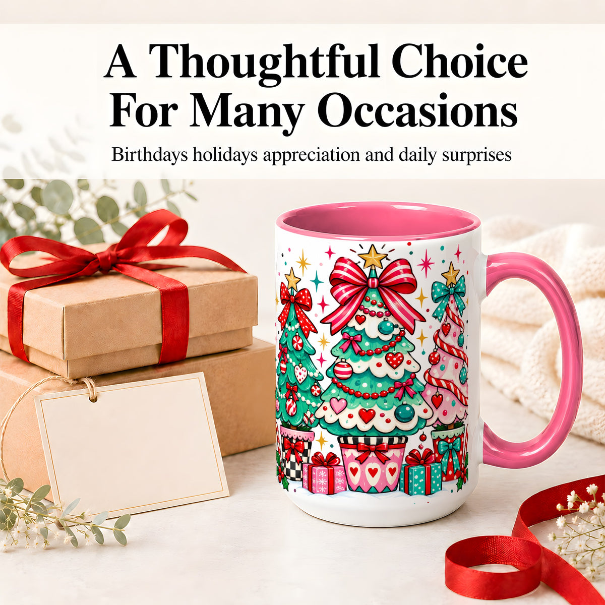 #pl[15oz|Pink] Colorful Christmas Trees Accent Mug, Ceramic Coffee Cup