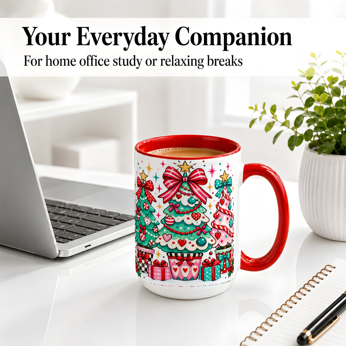 #pl[15oz|Red] Colorful Christmas Trees Accent Mug, Ceramic Coffee Cup