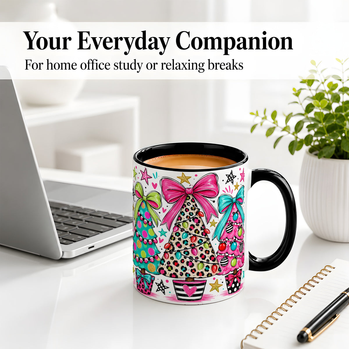 #pl[11oz|Black] Funky Christmas Trees Accent Mug, Ceramic Coffee Cup