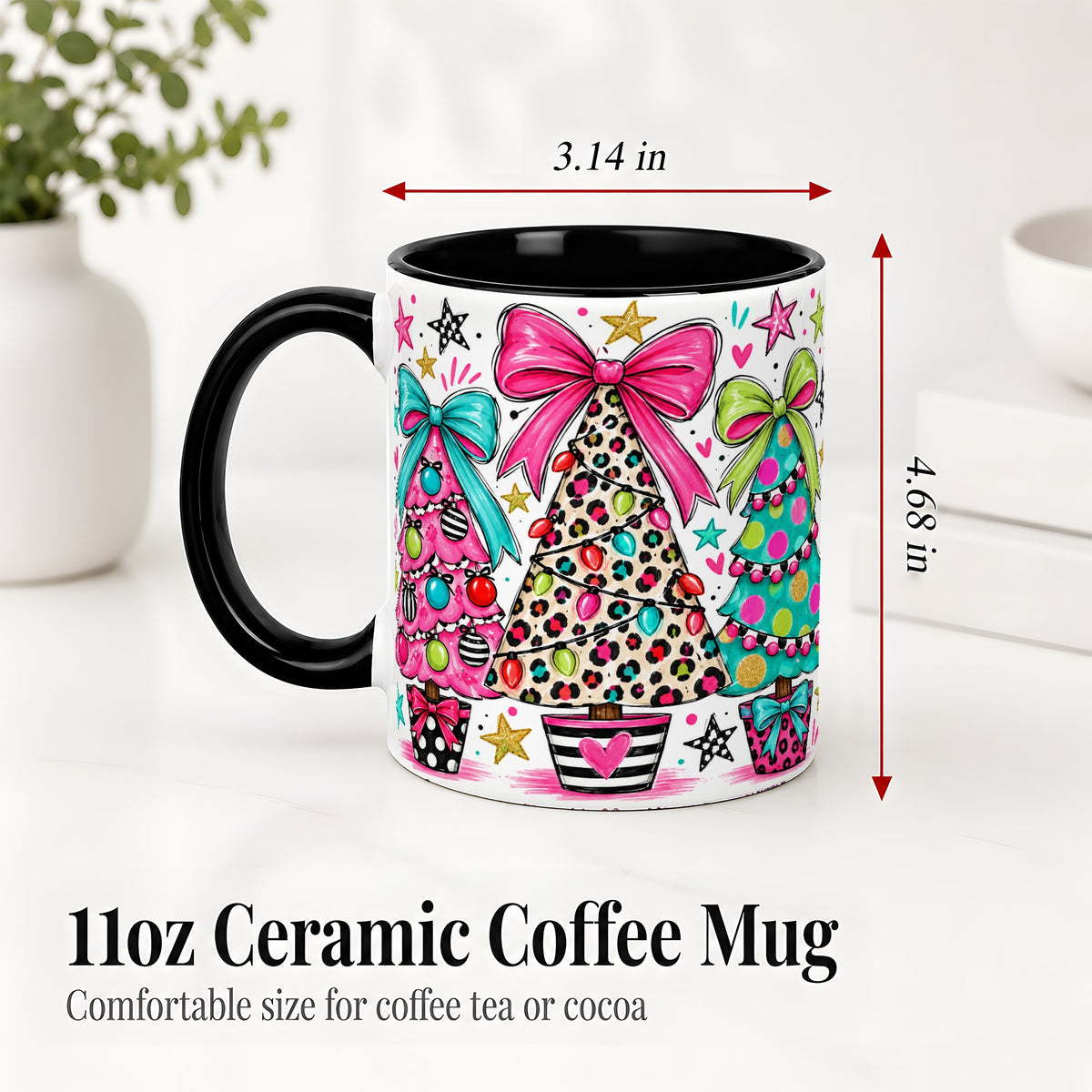 #pl[11oz|Black] Funky Christmas Trees Accent Mug, Ceramic Coffee Cup