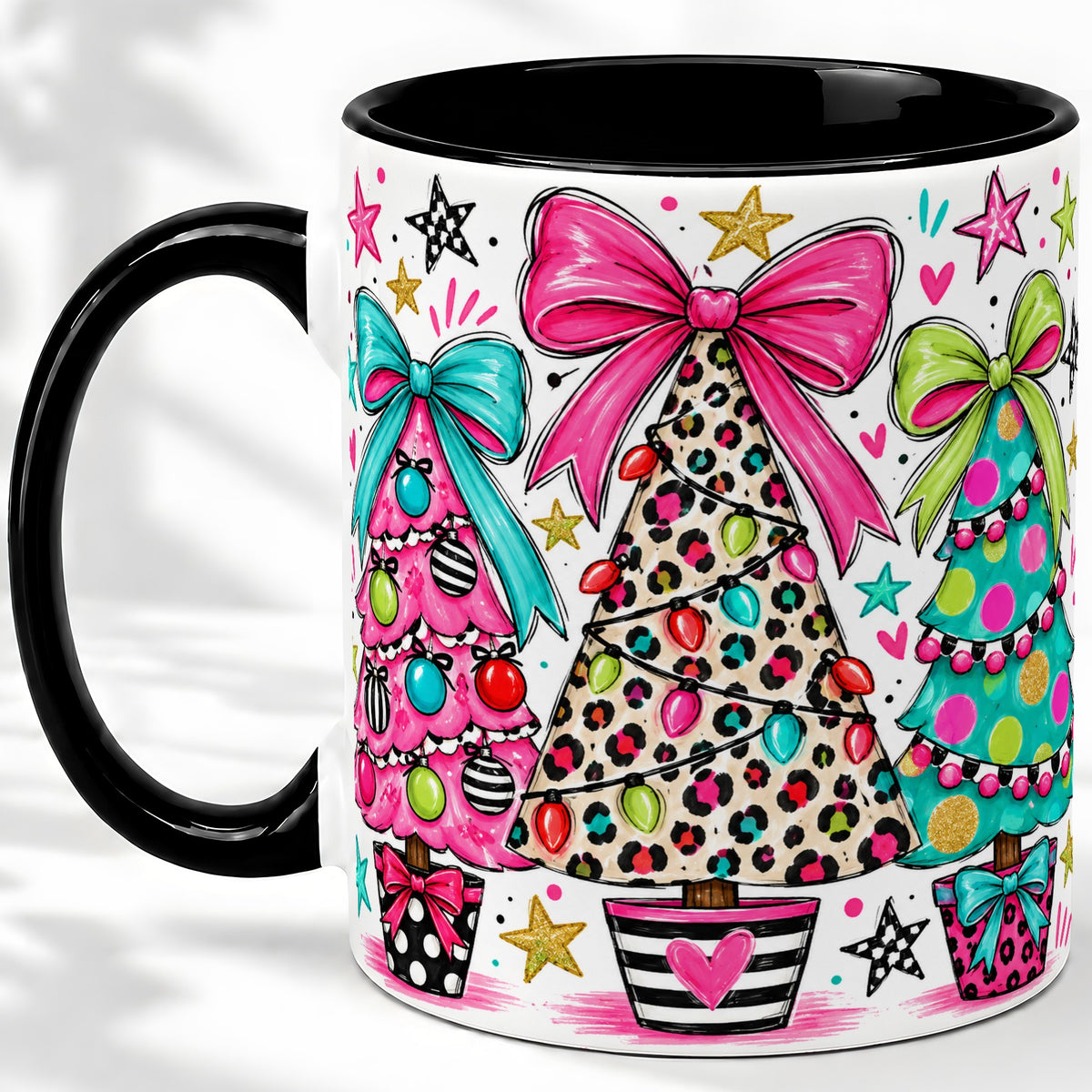 #pl[11oz|Black] Funky Christmas Trees Accent Mug, Ceramic Coffee Cup