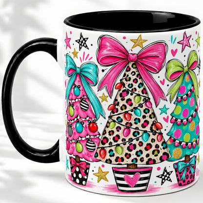 #pl[11oz|Black] Funky Christmas Trees Accent Mug, Ceramic Coffee Cup