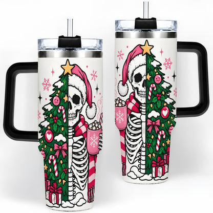 #pl[40oz|Black] Pink Christmas Skeleton 40oz Tumbler, Festive Tree Cocoa Holiday Artwork