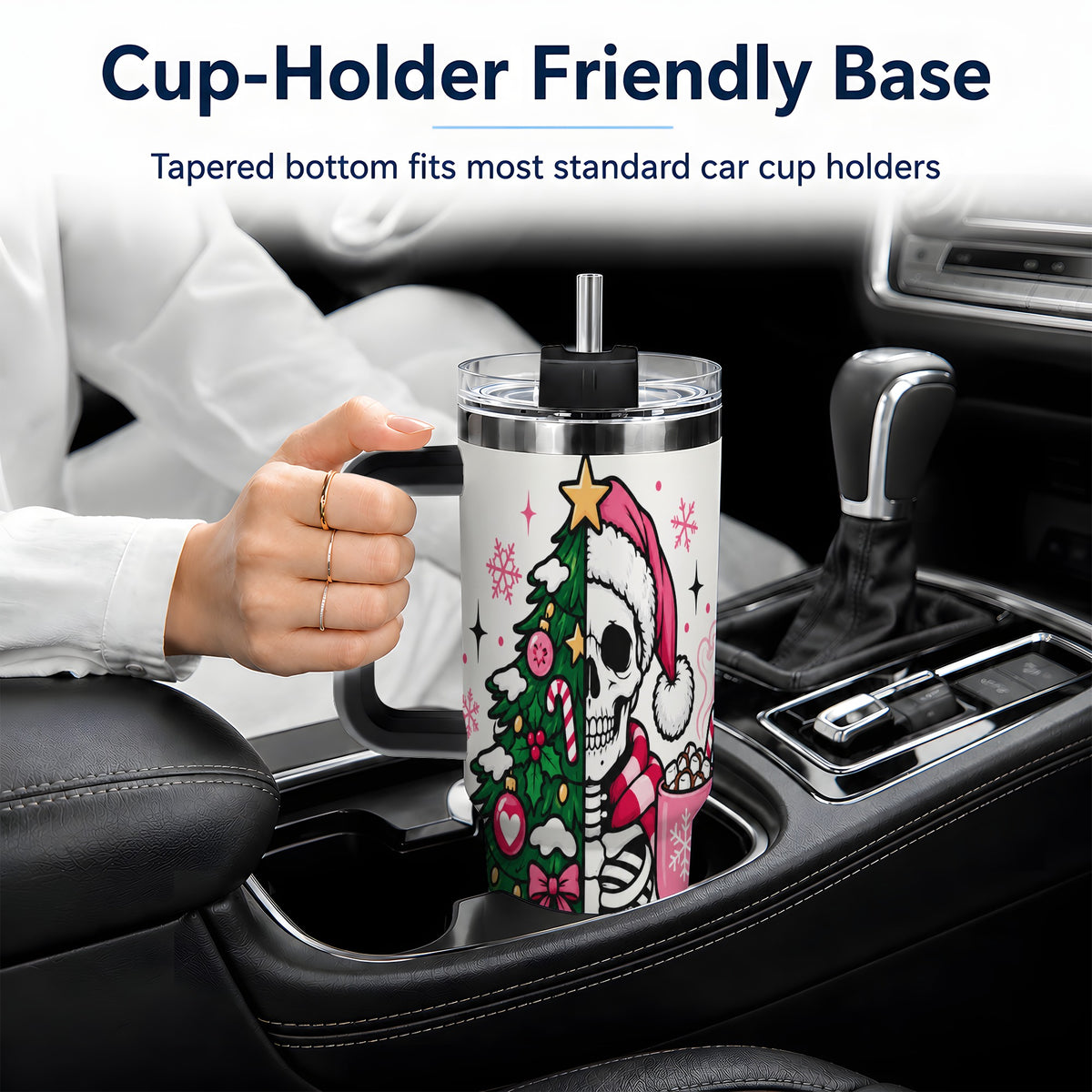 #pl[40oz|Black] Pink Christmas Skeleton 40oz Tumbler, Festive Tree Cocoa Holiday Artwork