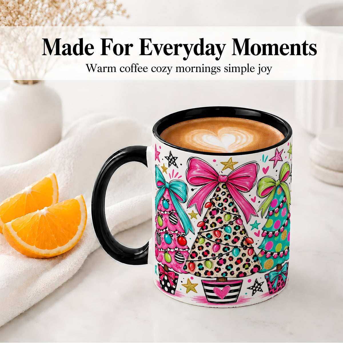 #pl[11oz|Black] Funky Christmas Trees Accent Mug, Ceramic Coffee Cup