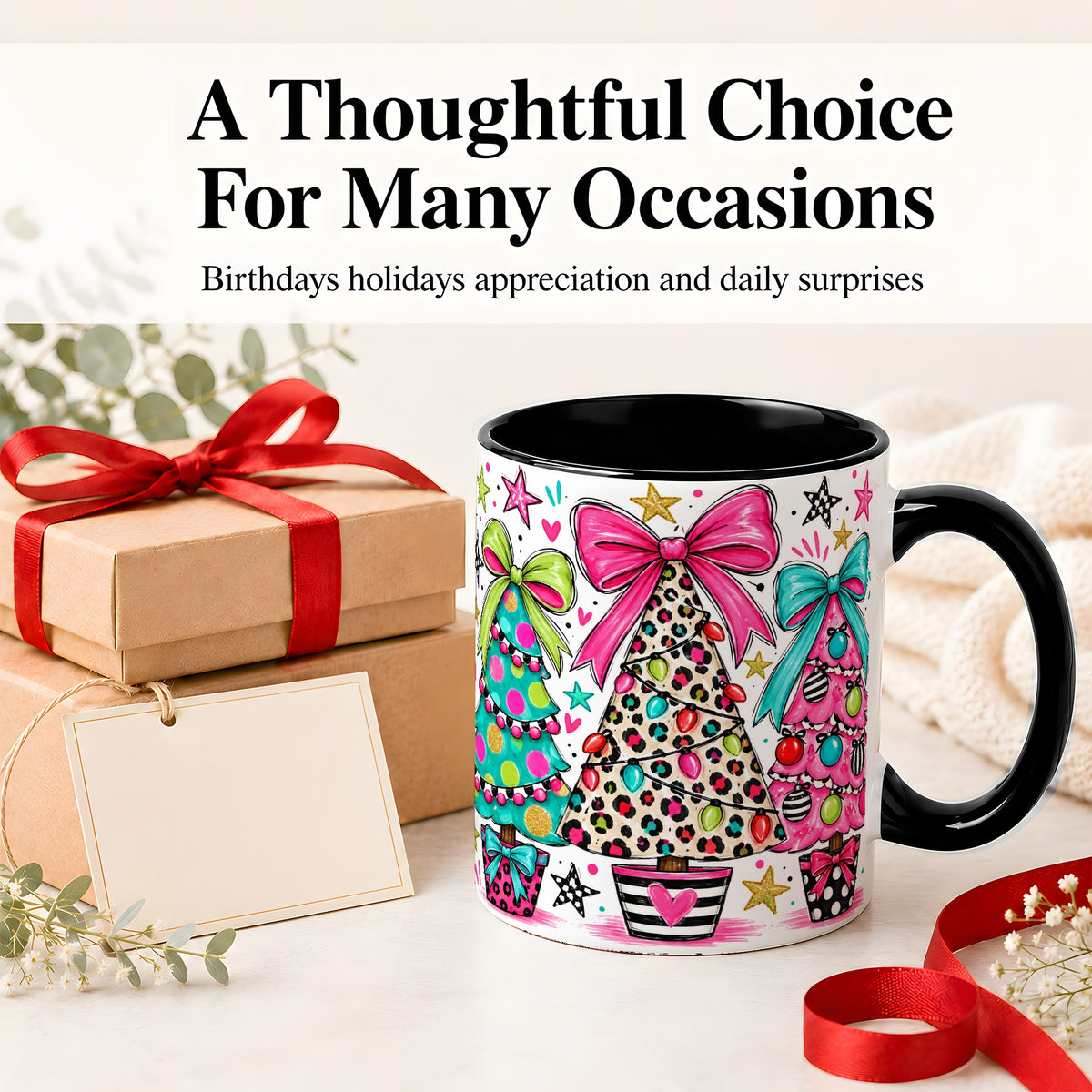 #pl[11oz|Black] Funky Christmas Trees Accent Mug, Ceramic Coffee Cup