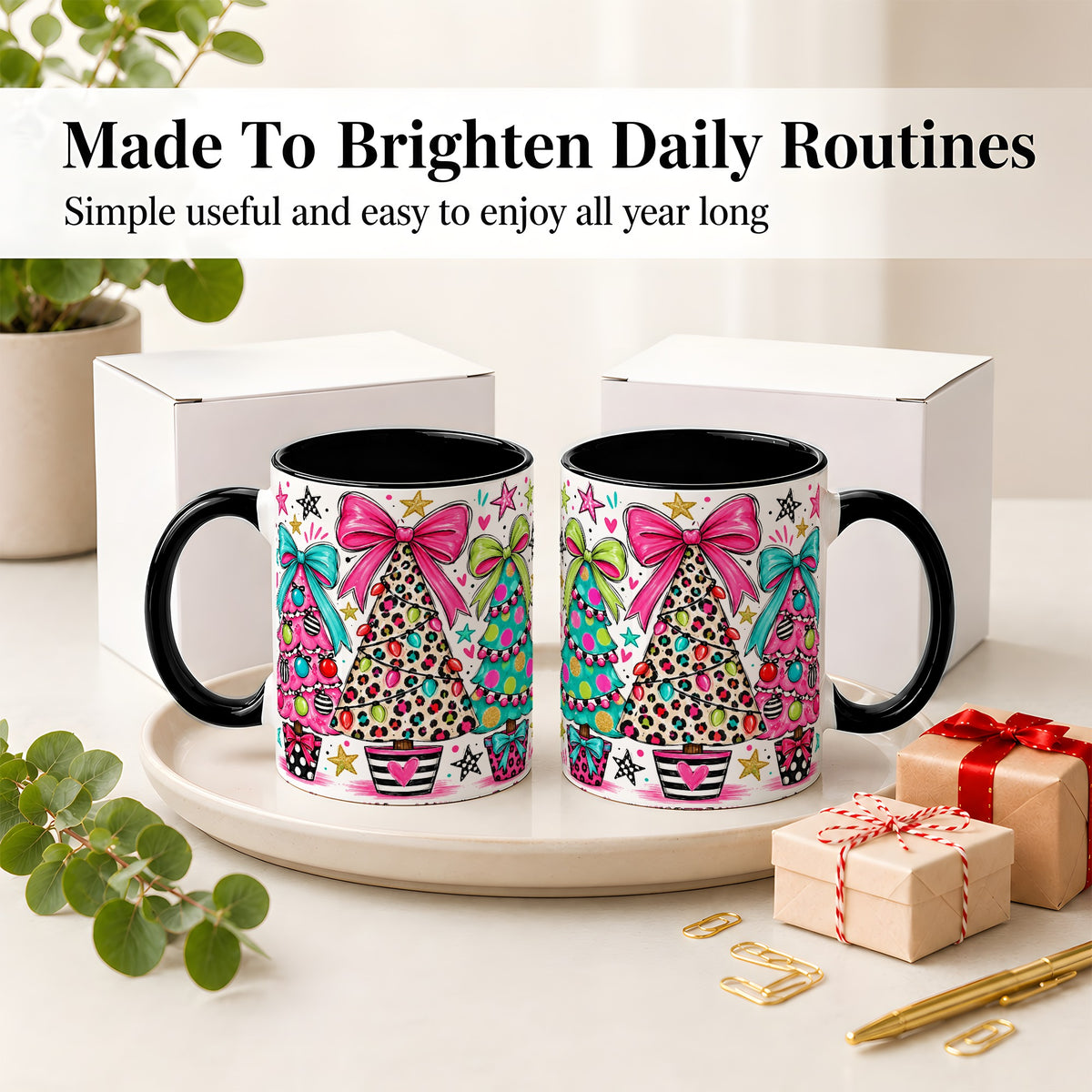#pl[11oz|Black] Funky Christmas Trees Accent Mug, Ceramic Coffee Cup