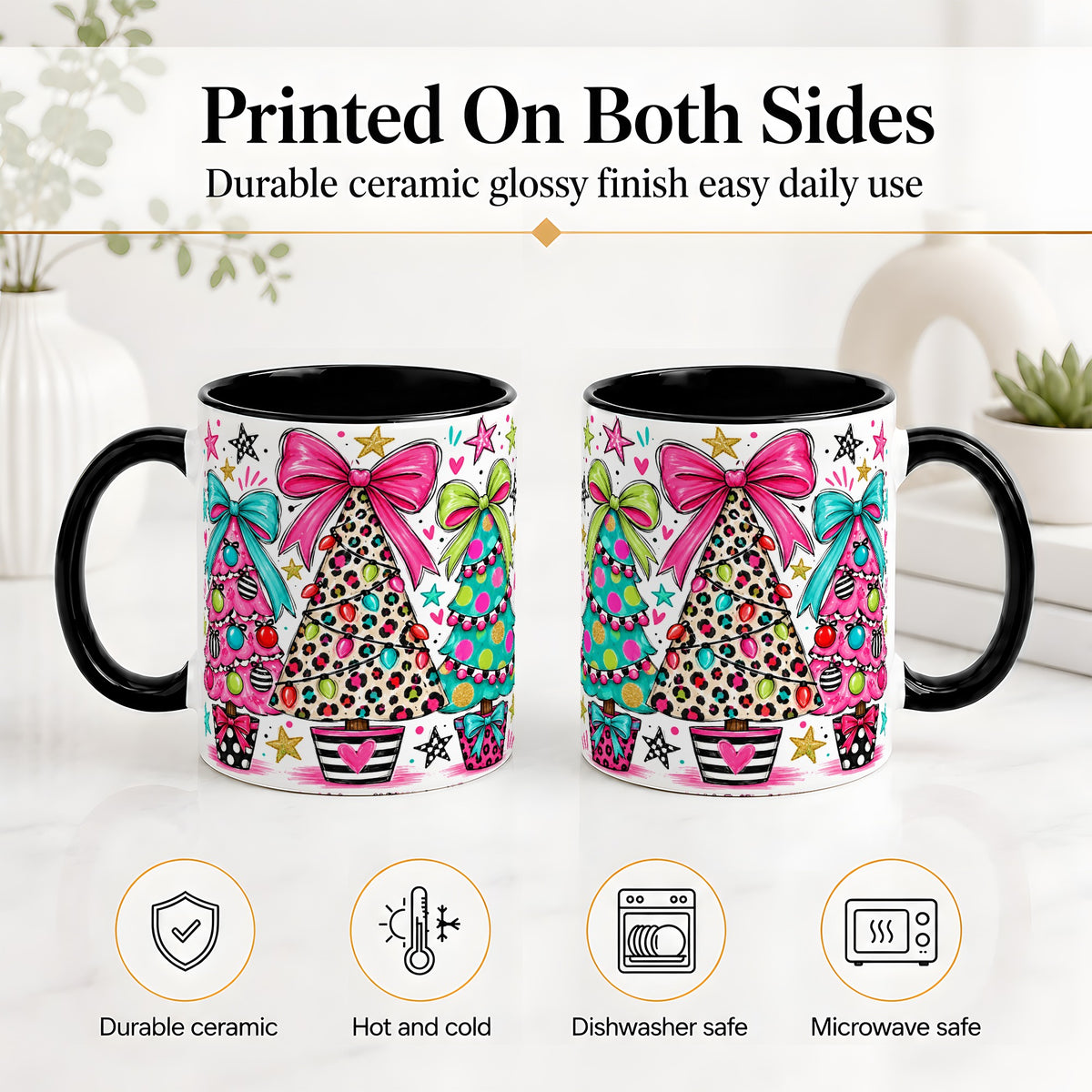 #pl[11oz|Black] Funky Christmas Trees Accent Mug, Ceramic Coffee Cup