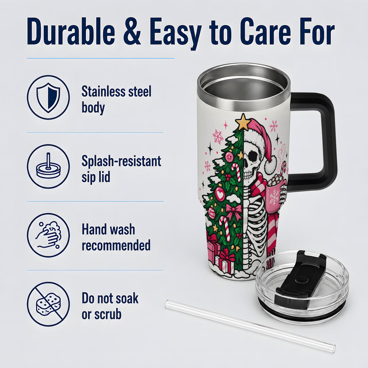 #pl[40oz|Black] Pink Christmas Skeleton 40oz Tumbler, Festive Tree Cocoa Holiday Artwork