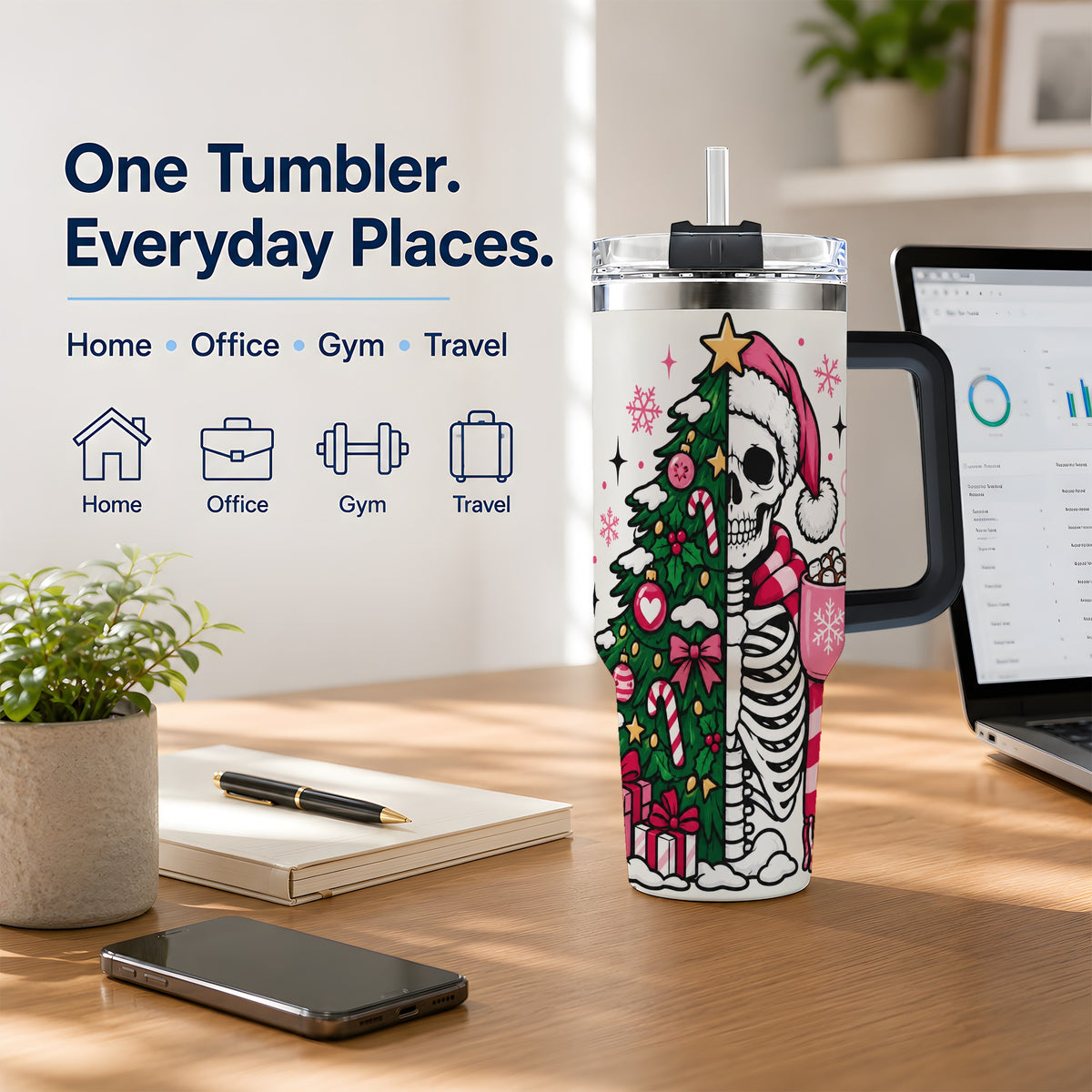 #pl[40oz|Black] Pink Christmas Skeleton 40oz Tumbler, Festive Tree Cocoa Holiday Artwork