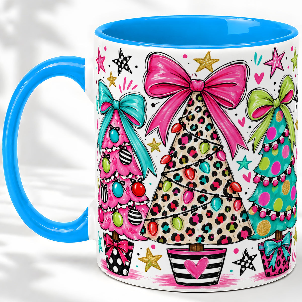 #pl[11oz|Blue] Funky Christmas Trees Accent Mug, Ceramic Coffee Cup