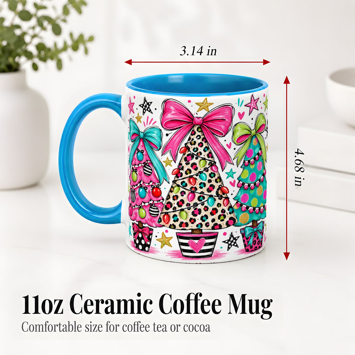#pl[11oz|Blue] Funky Christmas Trees Accent Mug, Ceramic Coffee Cup