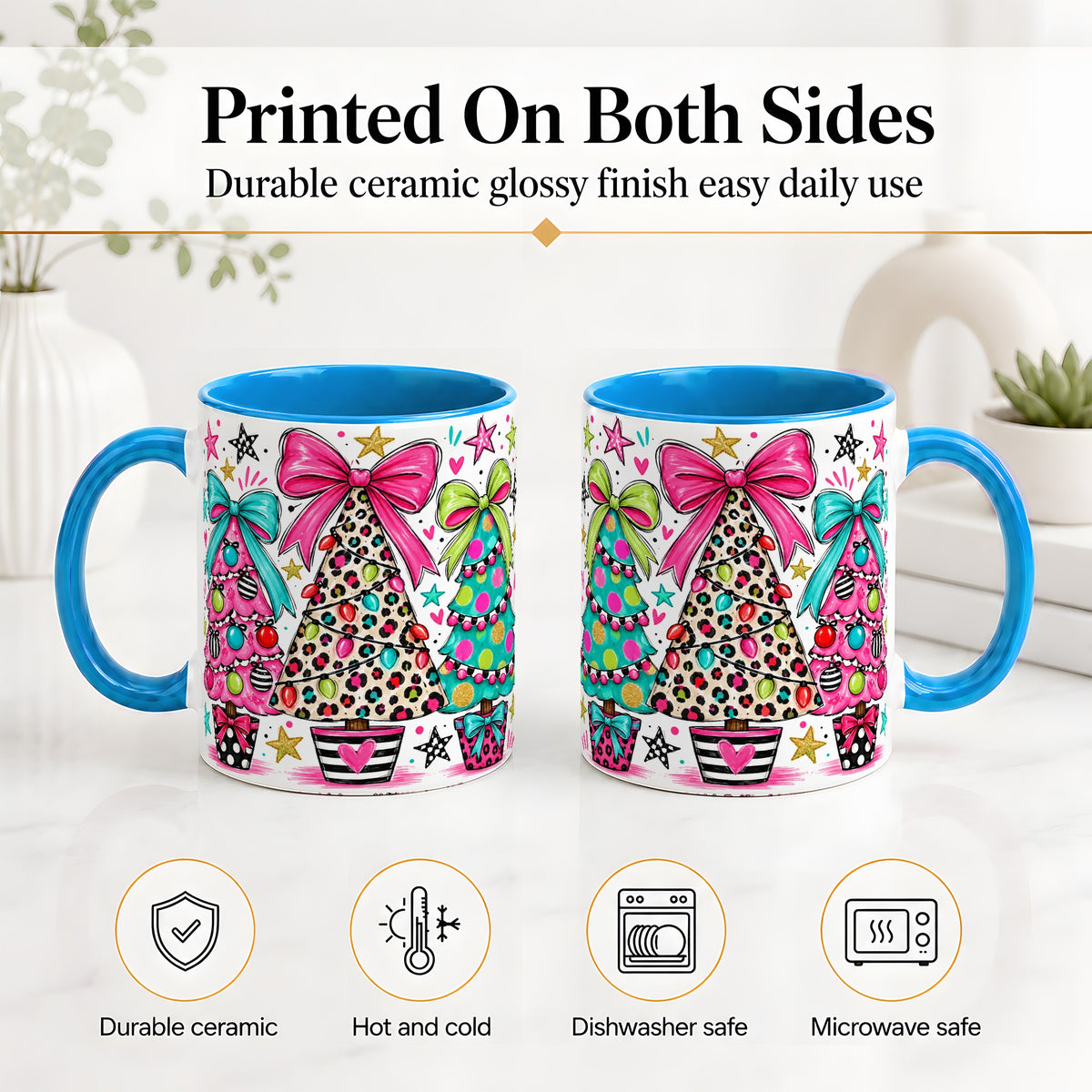 #pl[11oz|Blue] Funky Christmas Trees Accent Mug, Ceramic Coffee Cup