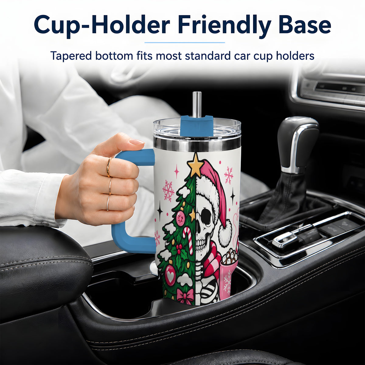 #pl[40oz|Blue] Pink Christmas Skeleton 40oz Tumbler, Festive Tree Cocoa Holiday Artwork