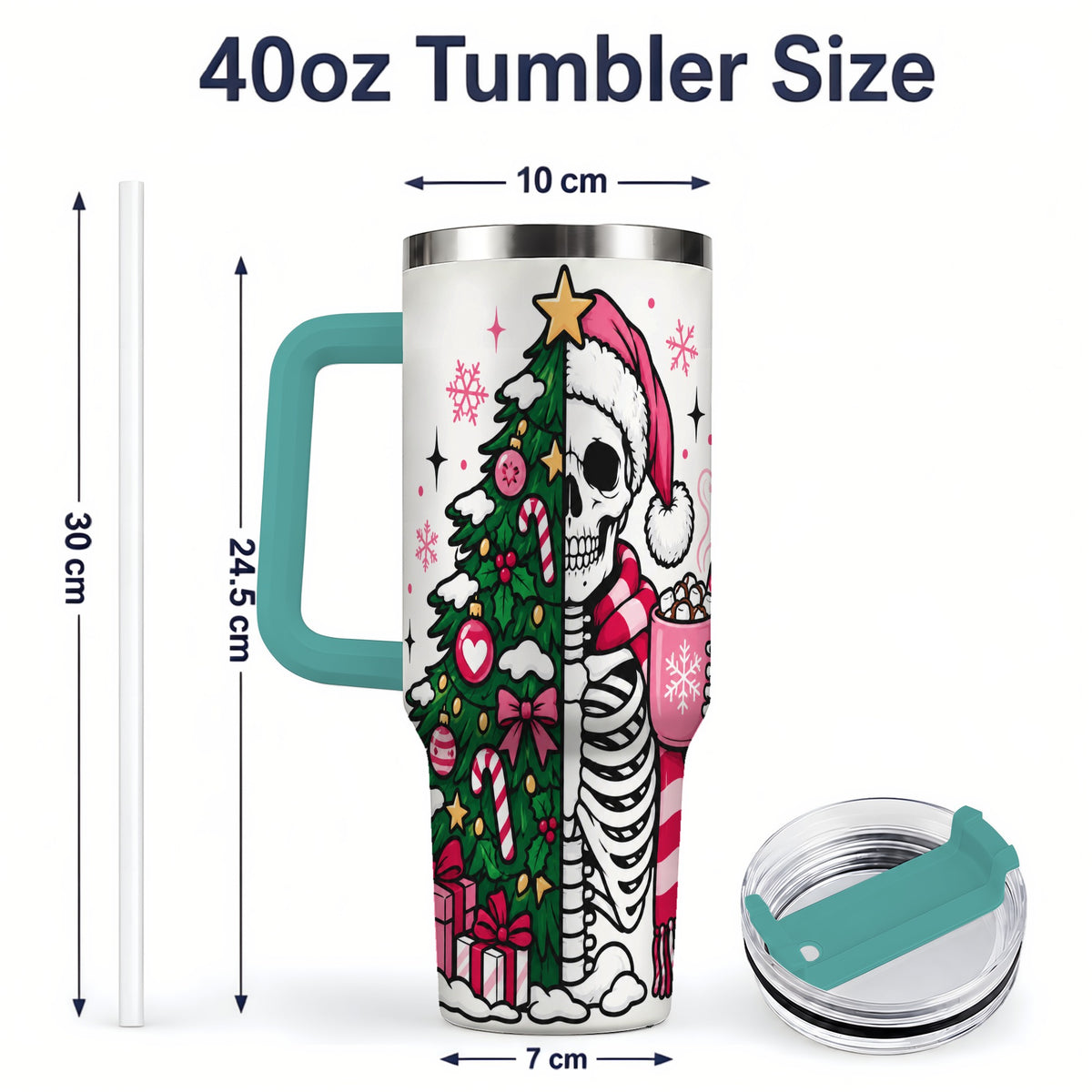 #pl[40oz|Green] Pink Christmas Skeleton 40oz Tumbler, Festive Tree Cocoa Holiday Artwork