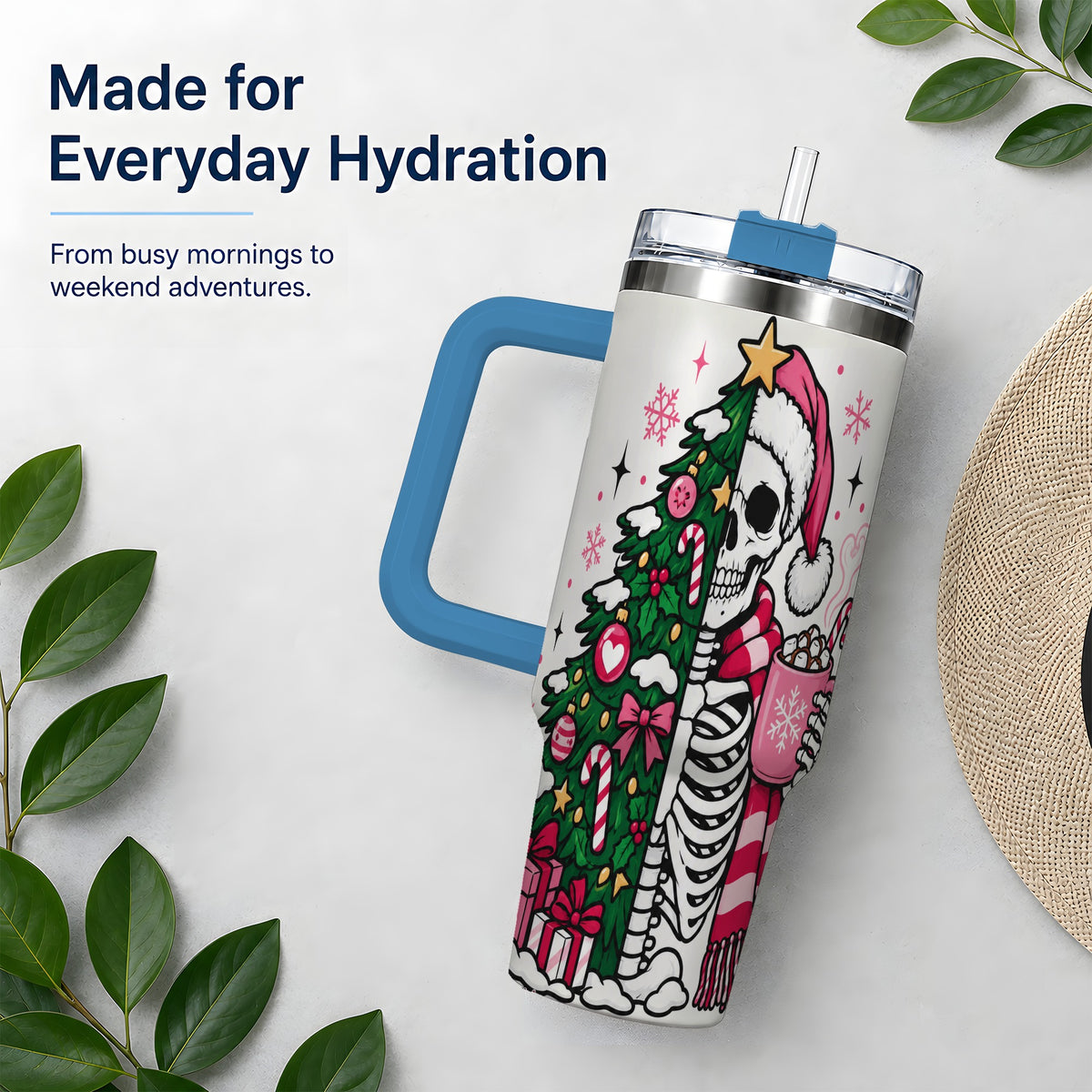 #pl[40oz|Blue] Pink Christmas Skeleton 40oz Tumbler, Festive Tree Cocoa Holiday Artwork