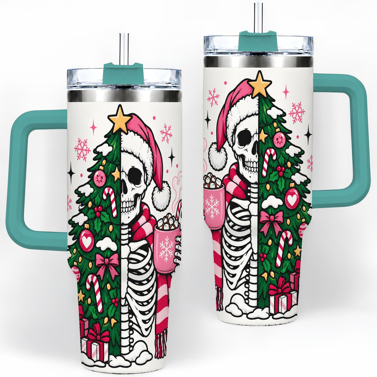 #pl[40oz|Green] Pink Christmas Skeleton 40oz Tumbler, Festive Tree Cocoa Holiday Artwork