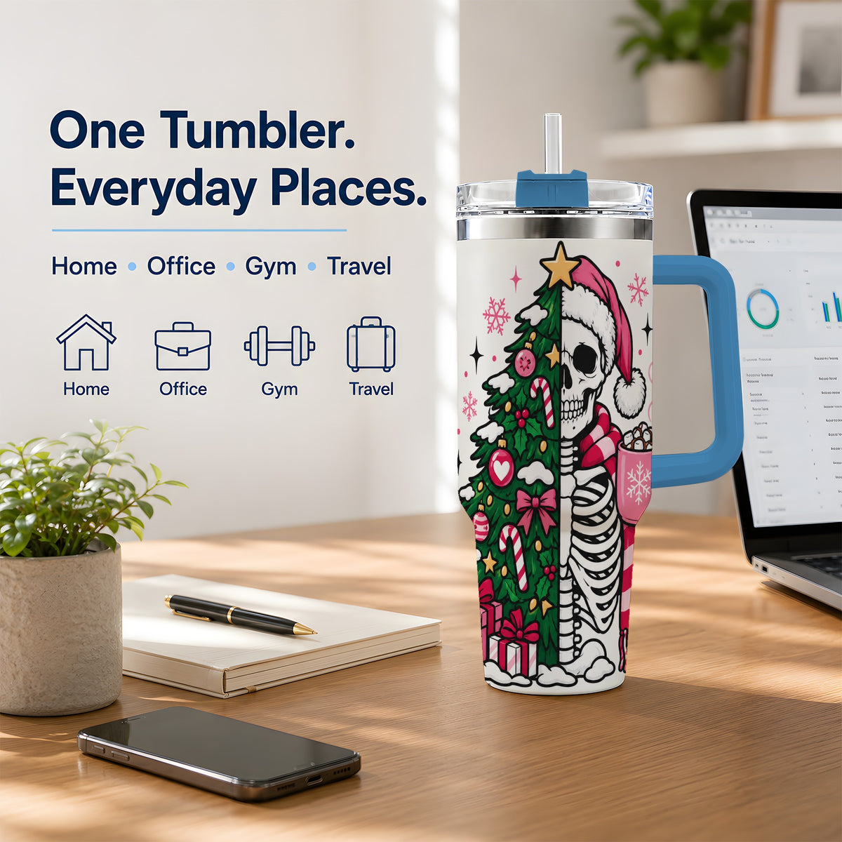 #pl[40oz|Blue] Pink Christmas Skeleton 40oz Tumbler, Festive Tree Cocoa Holiday Artwork