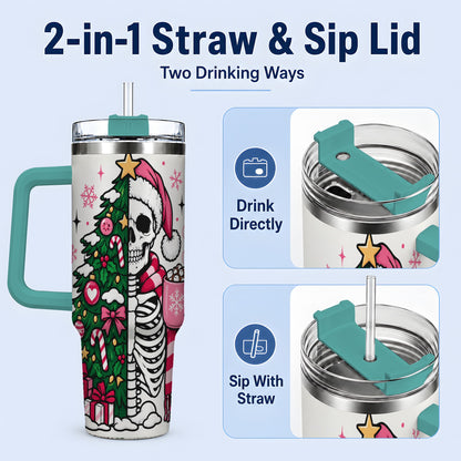 #pl[40oz|Green] Pink Christmas Skeleton 40oz Tumbler, Festive Tree Cocoa Holiday Artwork