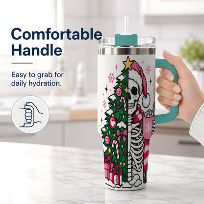 #pl[40oz|Green] Pink Christmas Skeleton 40oz Tumbler, Festive Tree Cocoa Holiday Artwork