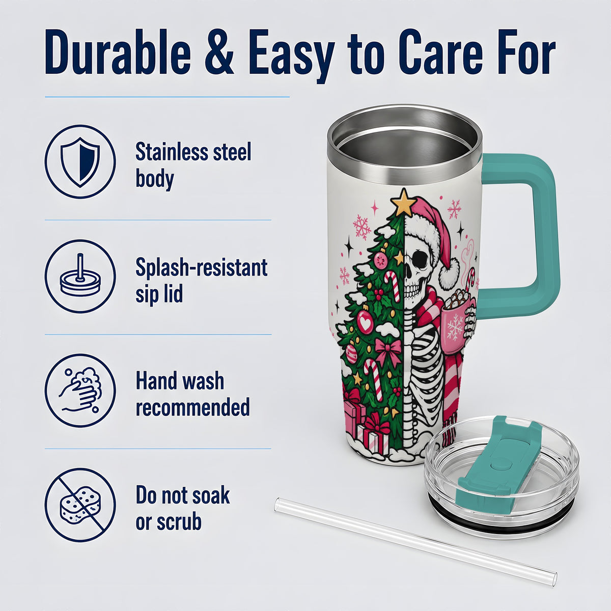 #pl[40oz|Green] Pink Christmas Skeleton 40oz Tumbler, Festive Tree Cocoa Holiday Artwork
