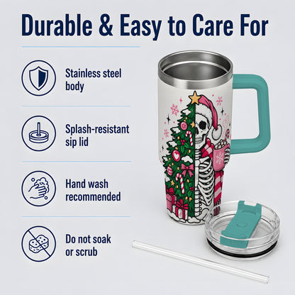 #pl[40oz|Green] Pink Christmas Skeleton 40oz Tumbler, Festive Tree Cocoa Holiday Artwork