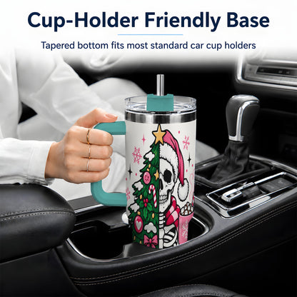 #pl[40oz|Green] Pink Christmas Skeleton 40oz Tumbler, Festive Tree Cocoa Holiday Artwork