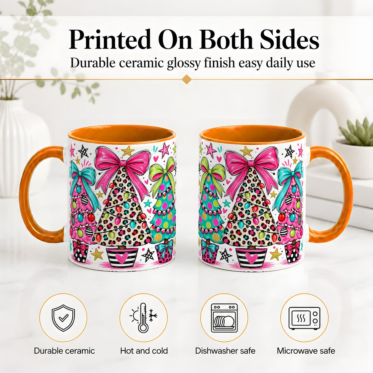 #pl[11oz|Orange] Funky Christmas Trees Accent Mug, Ceramic Coffee Cup