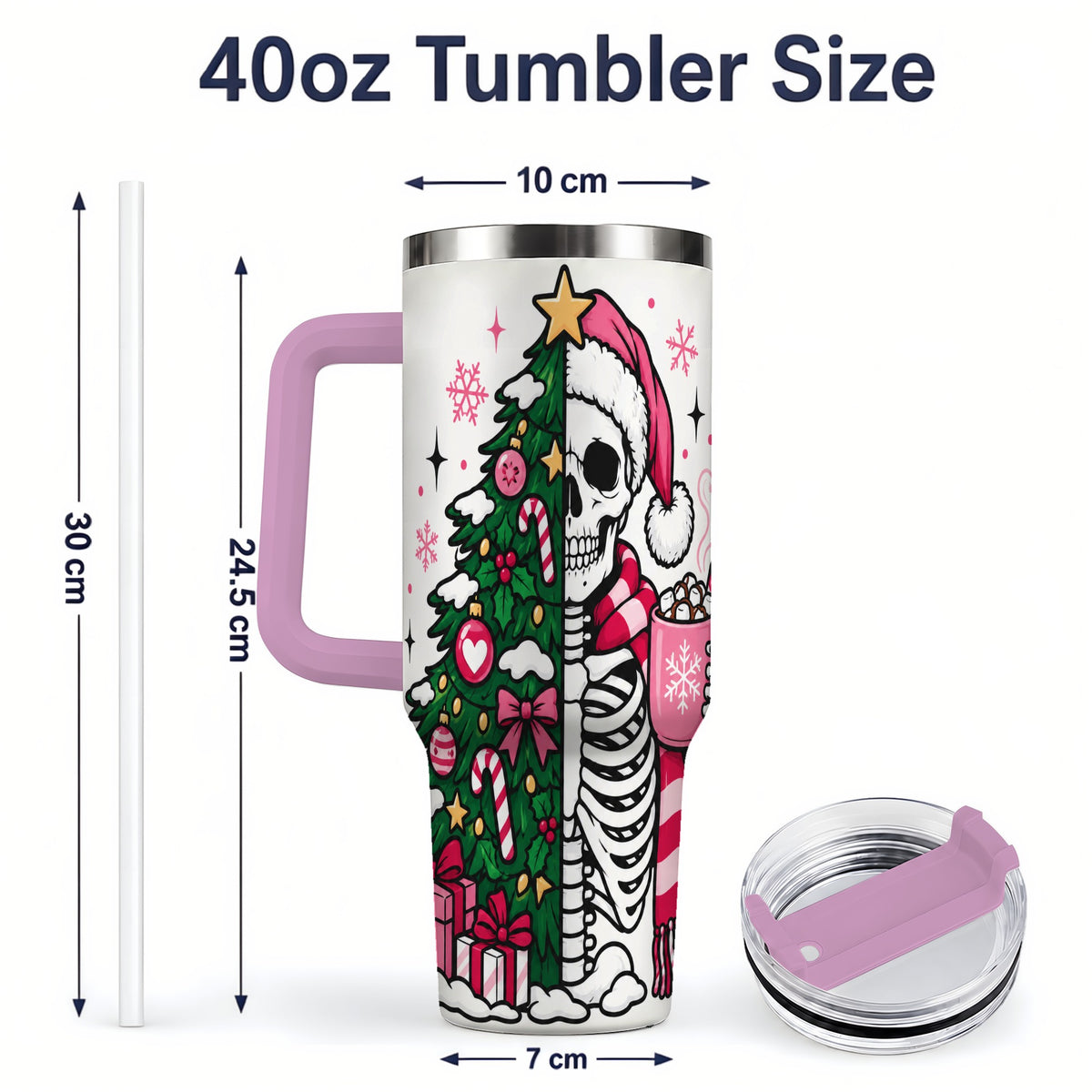 #pl[40oz|Pink] Pink Christmas Skeleton 40oz Tumbler, Festive Tree Cocoa Holiday Artwork