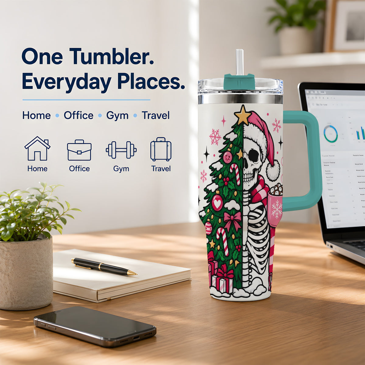 #pl[40oz|Green] Pink Christmas Skeleton 40oz Tumbler, Festive Tree Cocoa Holiday Artwork