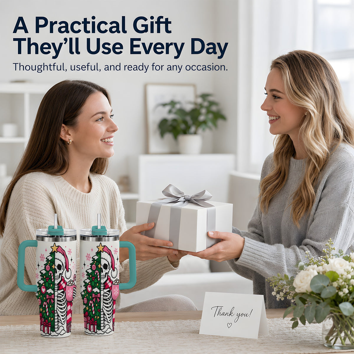 #pl[40oz|Green] Pink Christmas Skeleton 40oz Tumbler, Festive Tree Cocoa Holiday Artwork